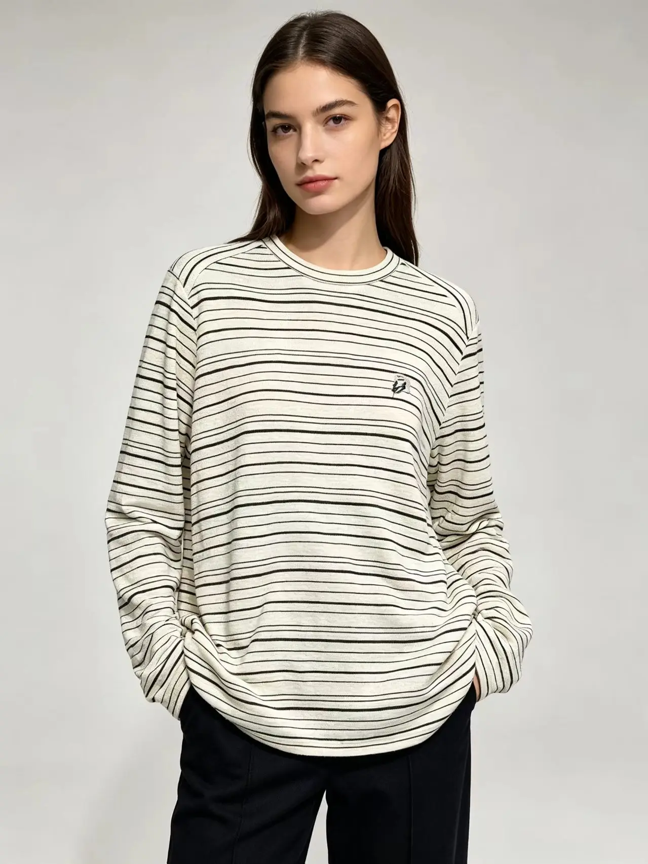 Women Striped Long Sleeve T Shirt Crew Neck Thin Knit Embroidery Logo Casual Basic Tee Ladies Soft Stripe Long Sleeve Tops