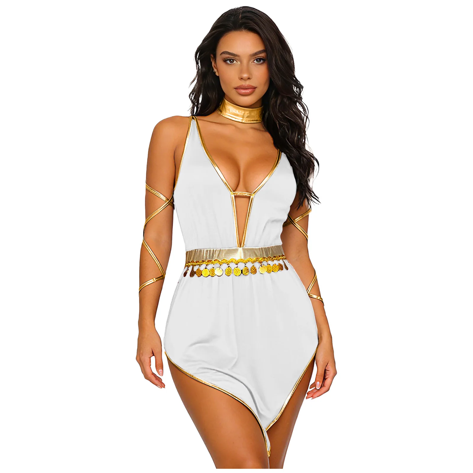 Women Ancient Greek Roman Goddesses Princess Warrior Cosplay Costume Leotard Dress with Choker Arm Bands for Halloween Party