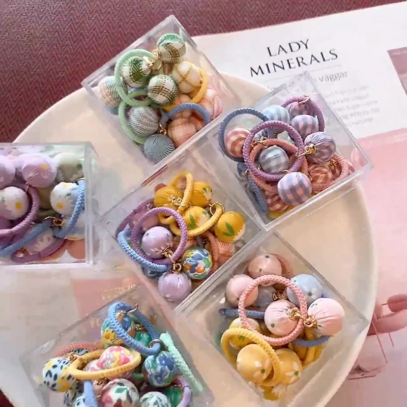 10 pçs bonito houndstooth floral bola pingente meninas adorável elástico corda de cabelo acessórios para o cabelo crianças laços de cabelo headwear