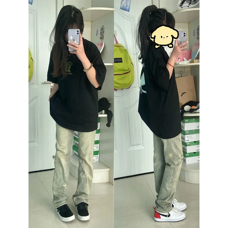 

American Sle High Waist Straight Leg Jeans Women's Spring Autumn Trendy Brand Yellow Mud Color Star Design Slimming Long Pants