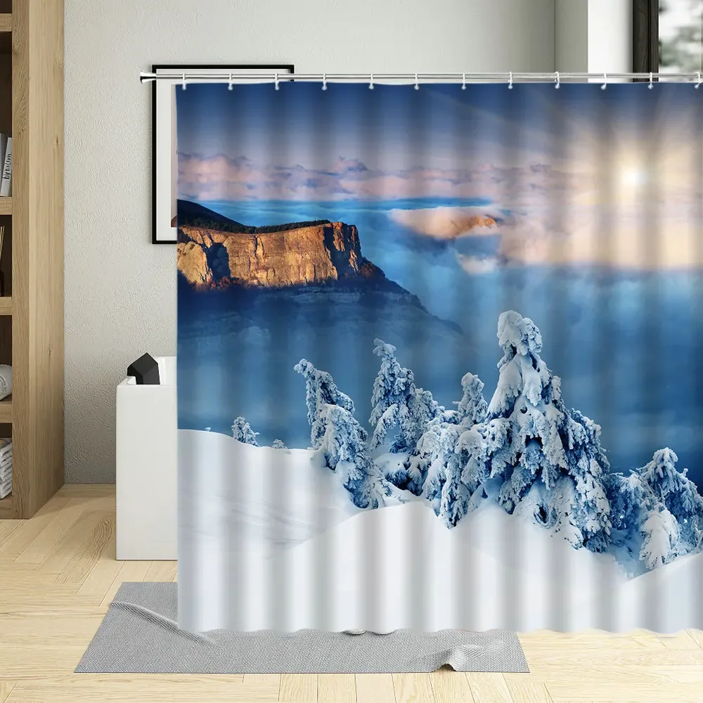 Winter landscape Snow Peak Shower Curtains Forest Mountain Waterfall Bath Curtain With Hooks Waterproof Fabric Bathroom Sets