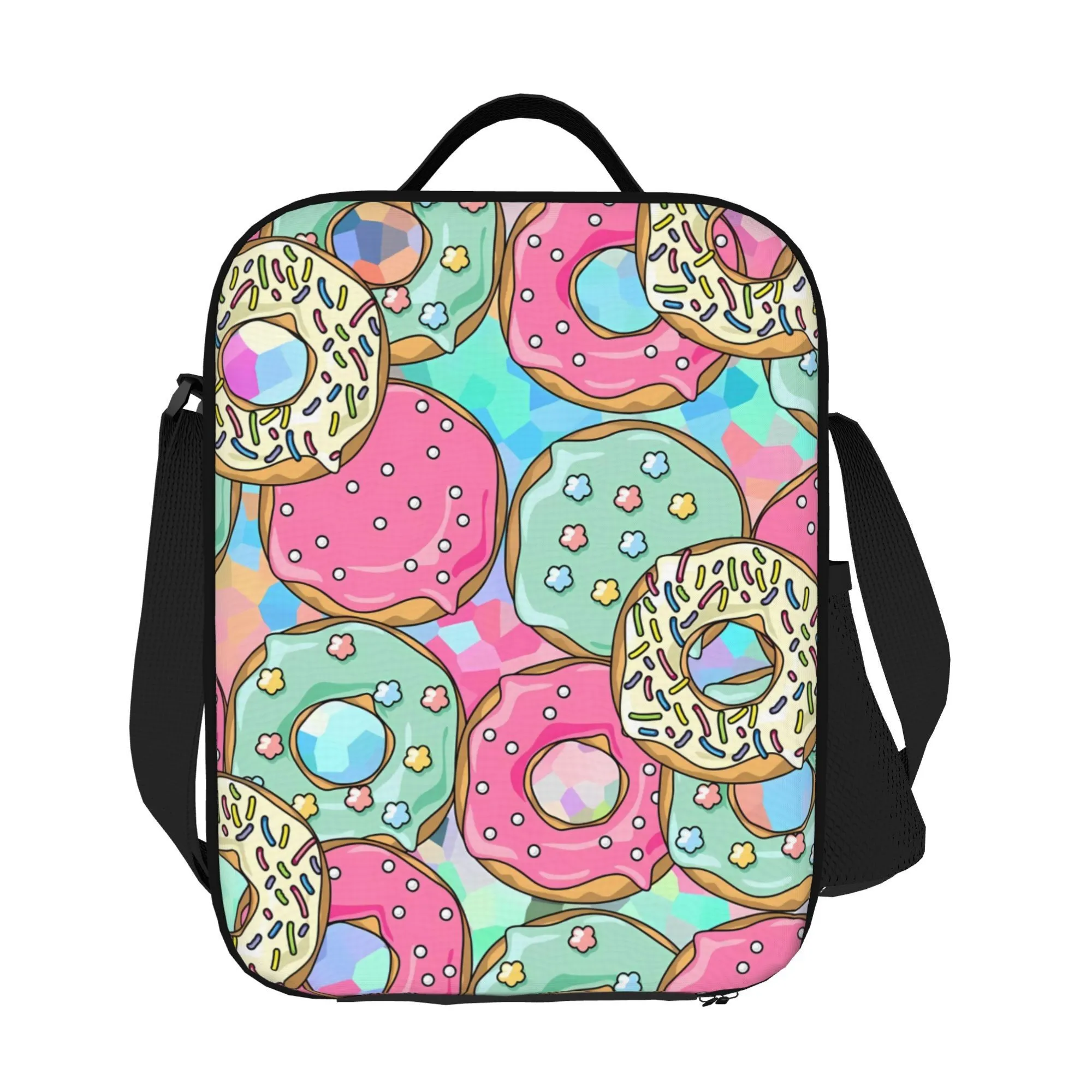 Delicious Donut Print Portable Lunch Bag 600D Oxford Fabric Insulated for Work Picnic Beach