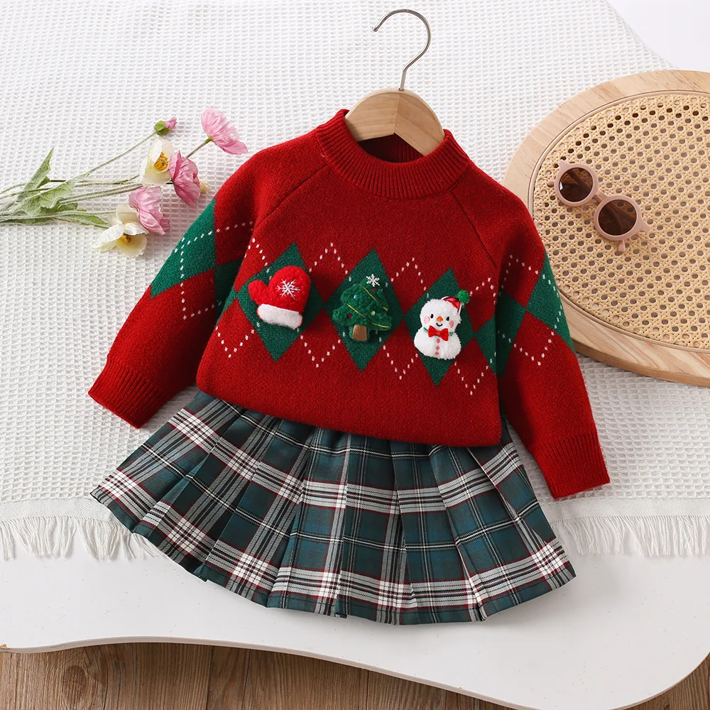 

Winter Kids Girls 2PCS Clothes Set Christmas Contrast Babys Girls Sweater Suits Loose Velvet Plaid Children Girls Pleated Skirts