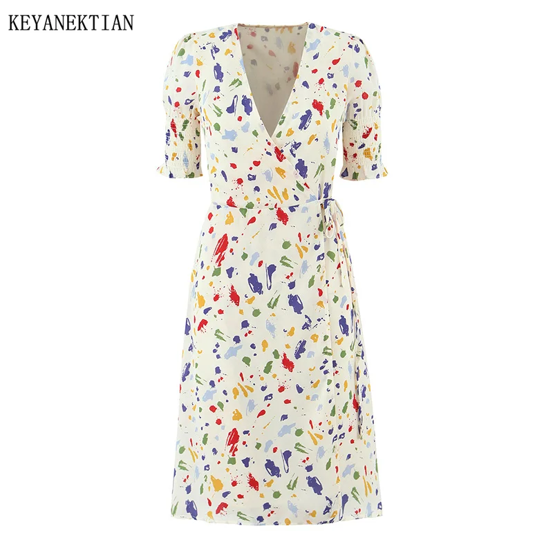 KEYANKETIAN 2026 New Women's Colorful Paint Splatter Print Wrap Dress V-neck Puff Sleeve Tie Waist Split Hem MIDI Dresses