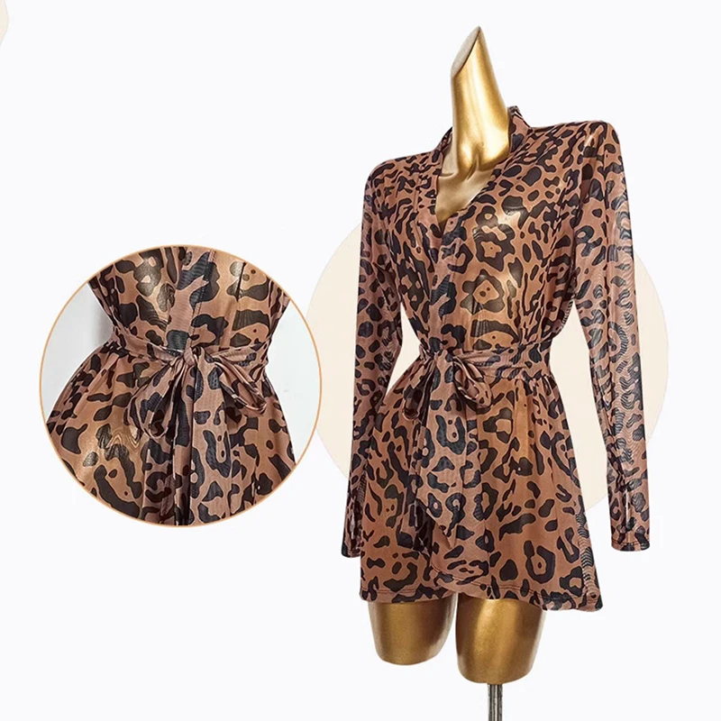 

Тренировочная одежда для латинских танцев, свободная рубашка с длинными рукавами, женские танцевальные костюмы для танго, румбы, ча-ча, тренировочная одежда с леопардовым принтом 4256