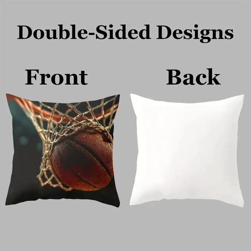 Set of 4 Throw Pillow Covers Featuring Basketball Themes: Net, Cracked Surface, Flaming Ball, and Grid Pattern