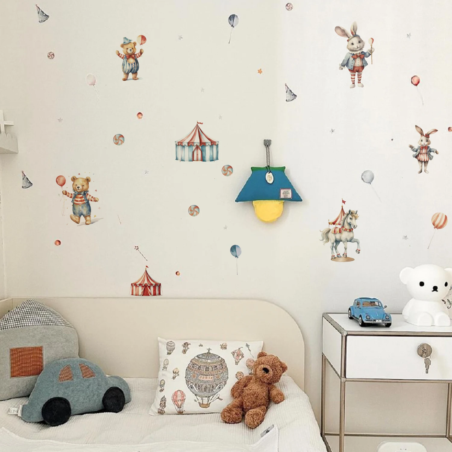 Boho Vintage Cute Teddy Baby Sailboat Ball Wall Stickers for New Neutral Baby Kids Room Decor, Nursery Wall Art Gift
