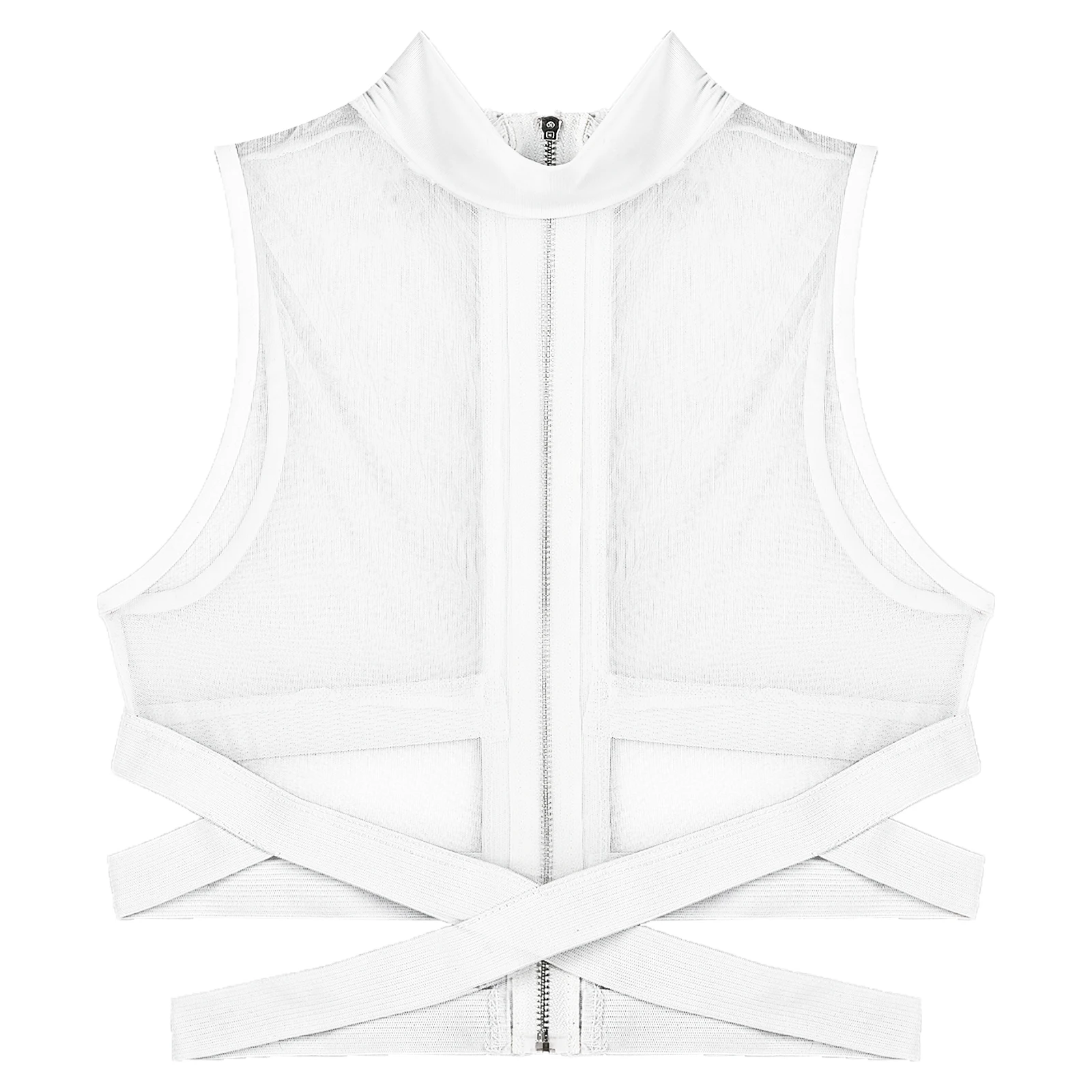 Mens Sheer Mesh Vest Sleeveless Zipper Elastic Crisscross Strappy Crop Tank Top for Music Festival Rave Party Club Pole Dancing