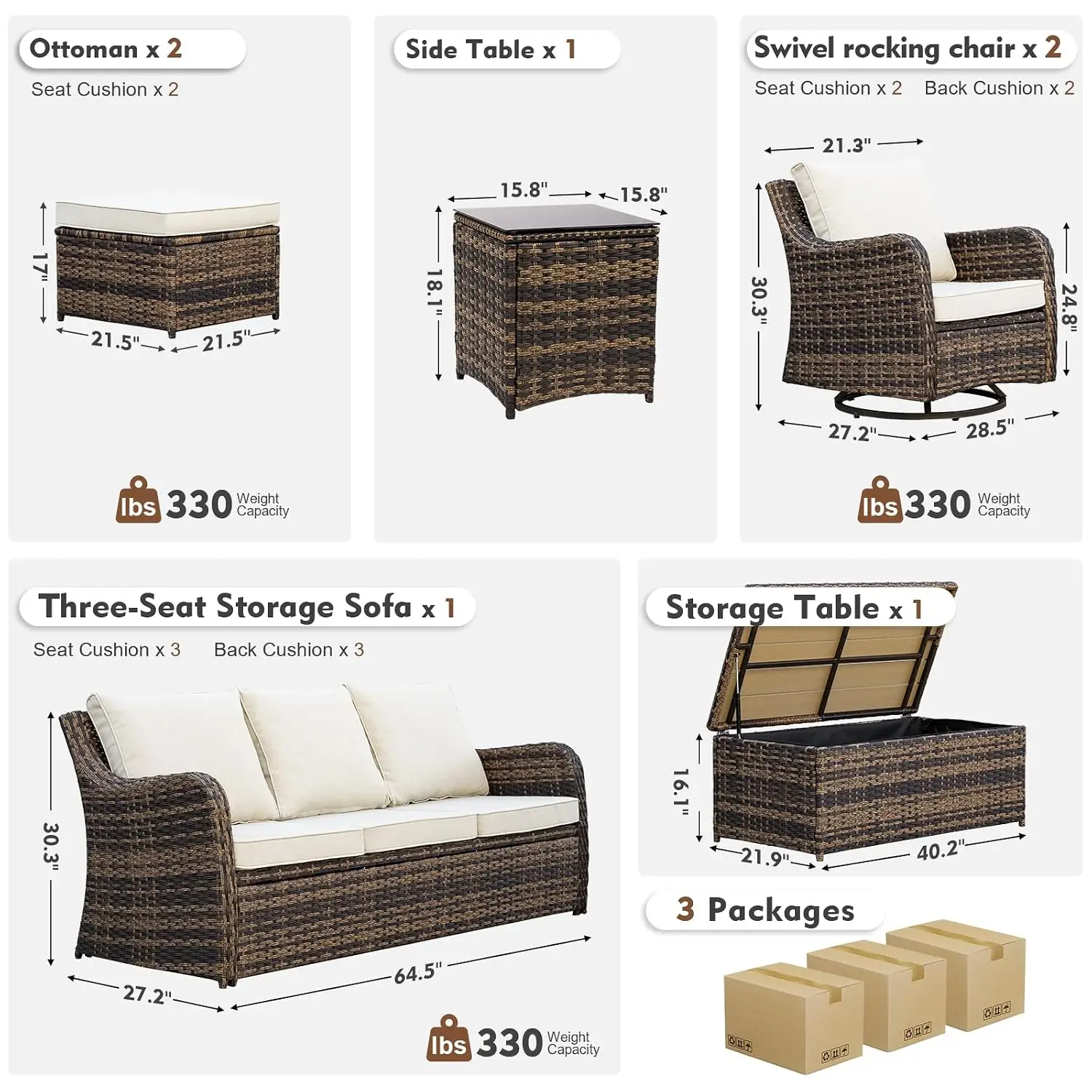 7 Pieces Patio Furniture Set with Swivel Chair, Outdoor Patio Conversation Set, Patio Sectional Furniture Set with 2, Custom