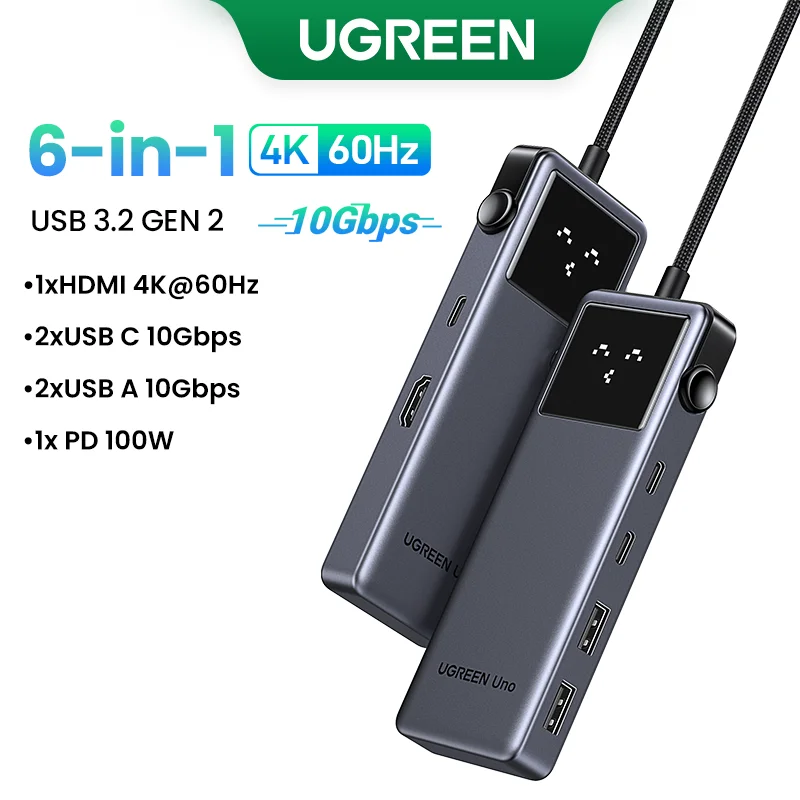UGREEN Uno USB C HUB 6-in-1 4K60Hz PD100W 10Gbps USB3.2 Splitter Adapter voor Laptop Macbook Pro Air USB Expander Docking Station
