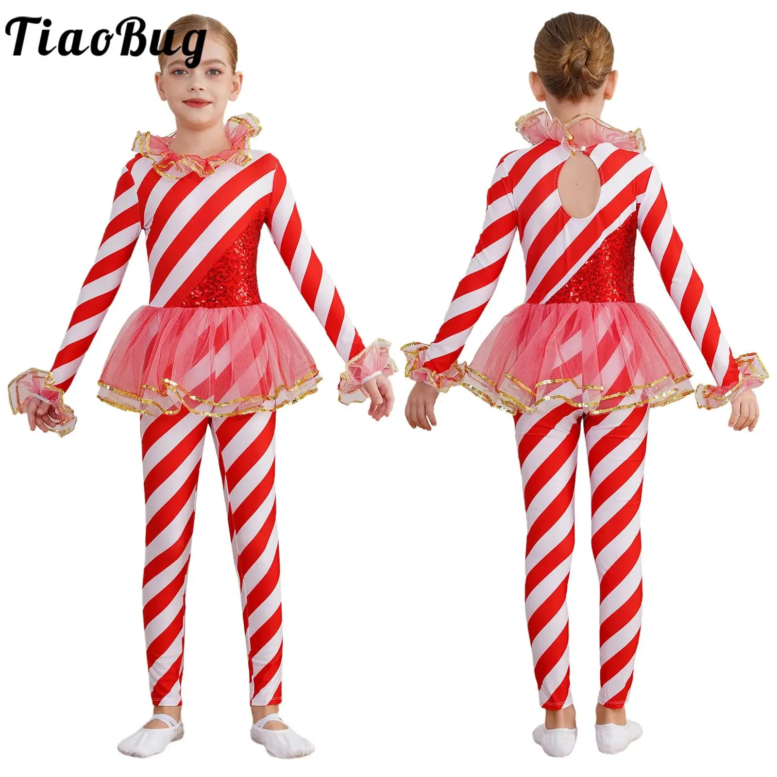 

Girls Christmas Candy Cane Striped Jumpsuit Dance Dresses Full Body Unitard Gymnastics Leotard Rompers Performance Costume