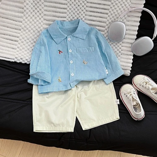 Boys Shirt 2026 Autumn and Winter New Children's Clothing Korean Style Boys and Girls Fashion Embroidered Striped Shirt