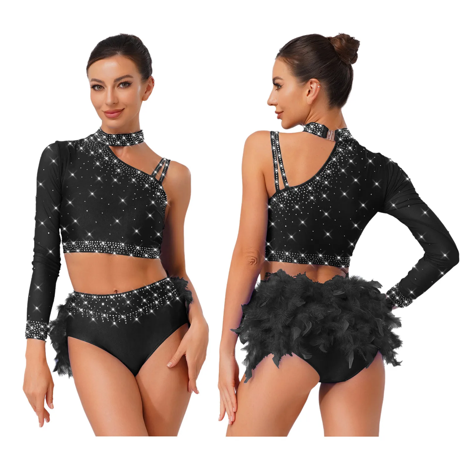

Womens Ballet Dance Set Rhinestones Crop Top with Feather Briefs Outfit for Modern Lyrical Contemporary Performance Costumes