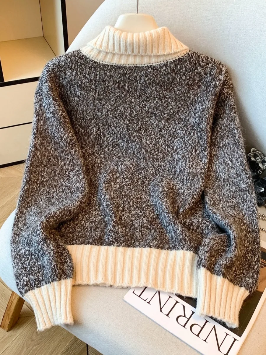 Thiened High Collar Knitted Sweater Coat Women's Autumn Winter Faion Retro Color Blo  Collar Long Sve Knitwear