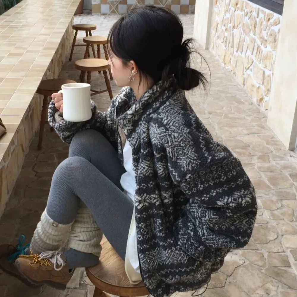 Jaet de piel de cordero Retro elegante para mujer, ropa de abrigo cálida holgada con cremallera, estilo coreano, corte Regular, para escuela y calle, Otoño e Invierno