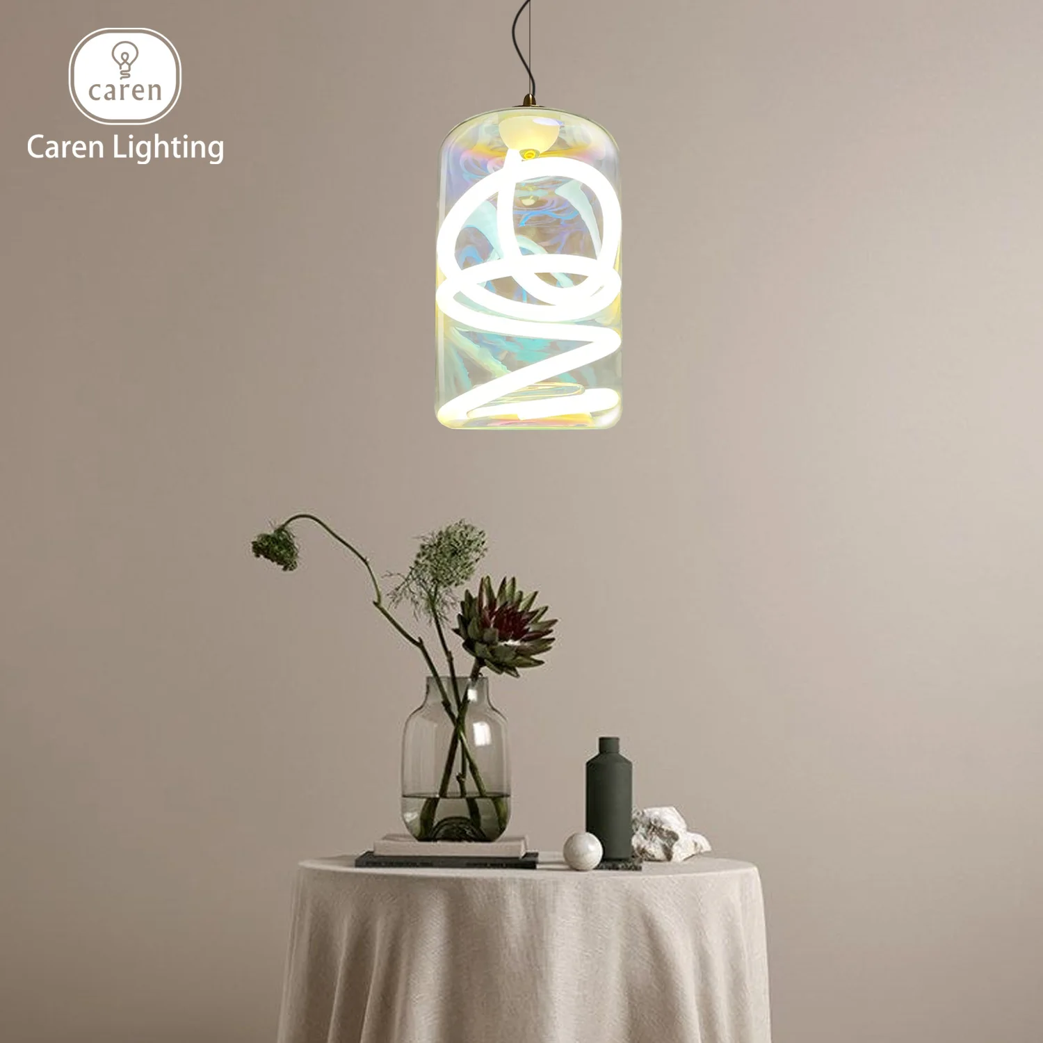 

Caren Lighting Creative Luminara Prism Sculpt 360 degree silicone LED soft light strip vibrant hues shades dining pendant lights