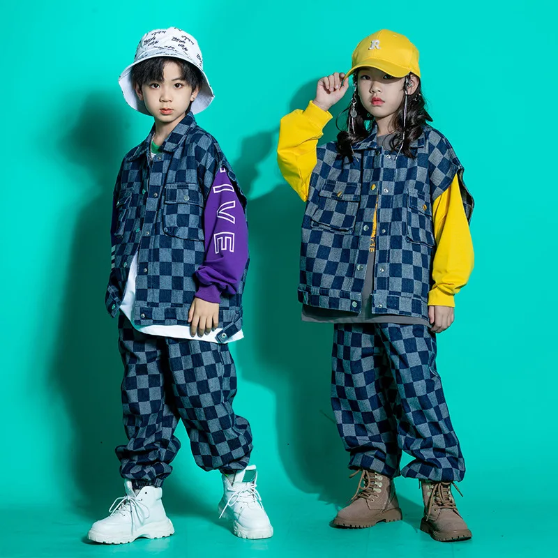 Girls Hip Hop Clothing Denim Blue Checkered Vest Sweatshirt Jeans Jogger Pants for Kids Boys Jazz Dance Costume Clothes