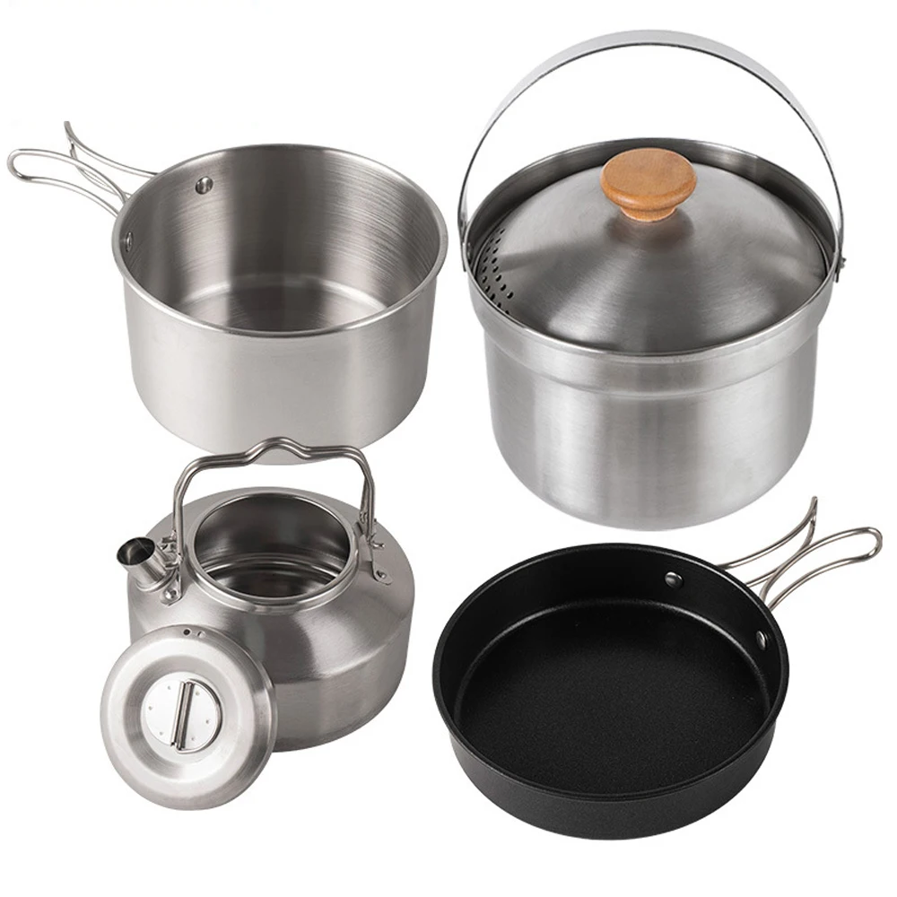 Juego de utensilios de cocina para acampar, juego de utensilios de cocina para Picnic al aire libre, olla de acero inoxidable, sartén, hervidor, accesorio de cocina de viaje