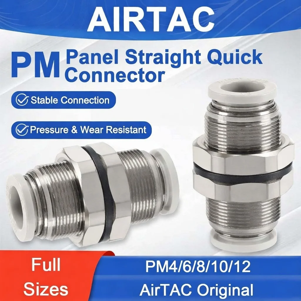 AirTAC Original Pneumatic Push-in Bulkhead Union Straight Quick Fitting PM4/6/8/10/12 Panel / Wall / Partition Through Connector