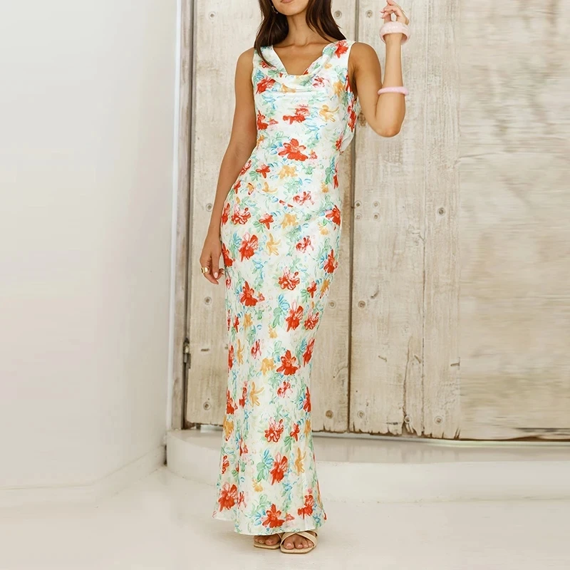 

Temperament High Waist Backless Dress Sexy V-neck Floral Printed Halter Evening Dress Elegant Sleeveless Satin Fit Banquet Dress