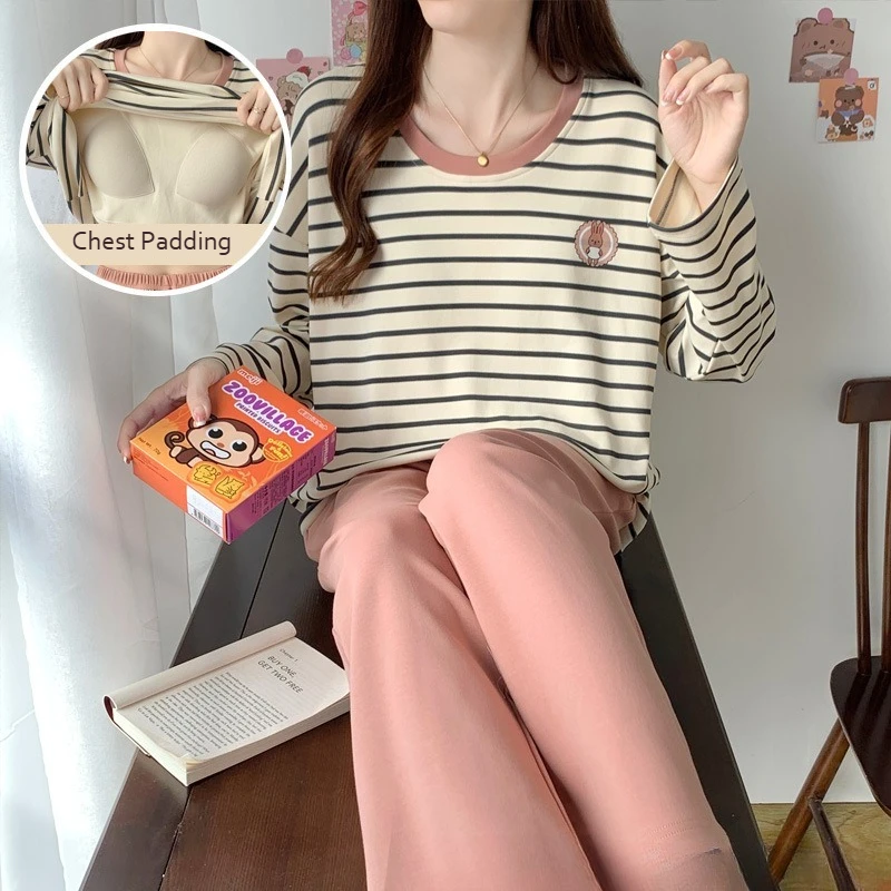 Antibacterial 100% Cotton Women's Pajama Set Chest Padding Long Sleeve Perfect Spring Autumn Versatile Loungewear XXL Size 2PCE