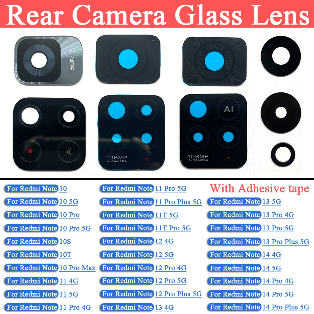 

10Pcs/Lot NEW Rear Back Camera Glass Lens For Xiaomi Redmi Note 10 10T 11 11T 12 13 14 Pro Plus 4G 5G Rear Main Back Camera Lens