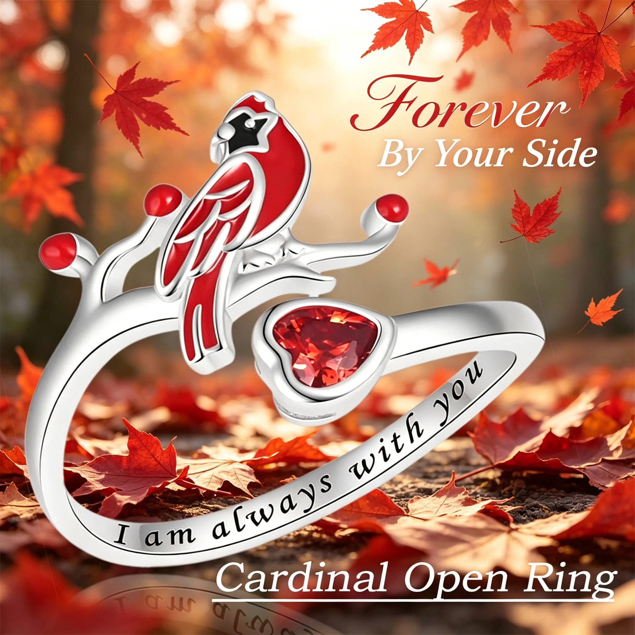 Silvery Zinc Alloy Cardinal Ring Red Heart Faux Crystal Memorial Bird Lover Gift for Women Girls