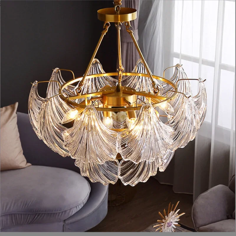 Postmodern light luxury living room pendant light, simple and atmospheric crystal dining room shell lamp, bedroom lighting desig