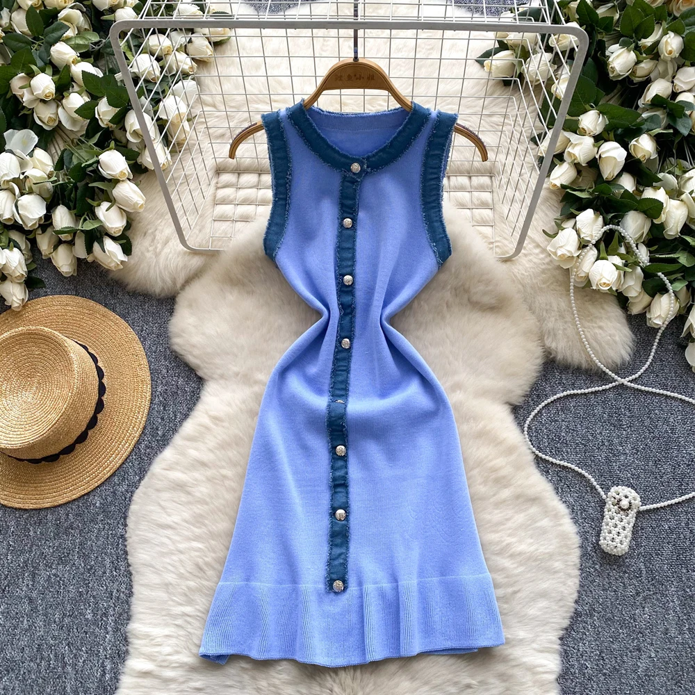 YuooMuoo Chic Fashion Sexy Package Hips Knitted Mini Dress 2025 Summer Vintage Denim Patchwork Ruffled Party Dress Streetwear
