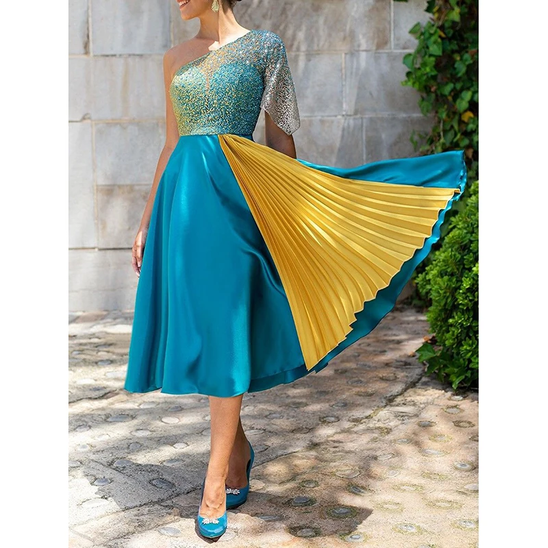 

Sequin Elegant Contrasting Colors Patchwork Dress Spring Summer Fashion Dress 2023 Diagonal Collar Short Sleeve A-line Dress