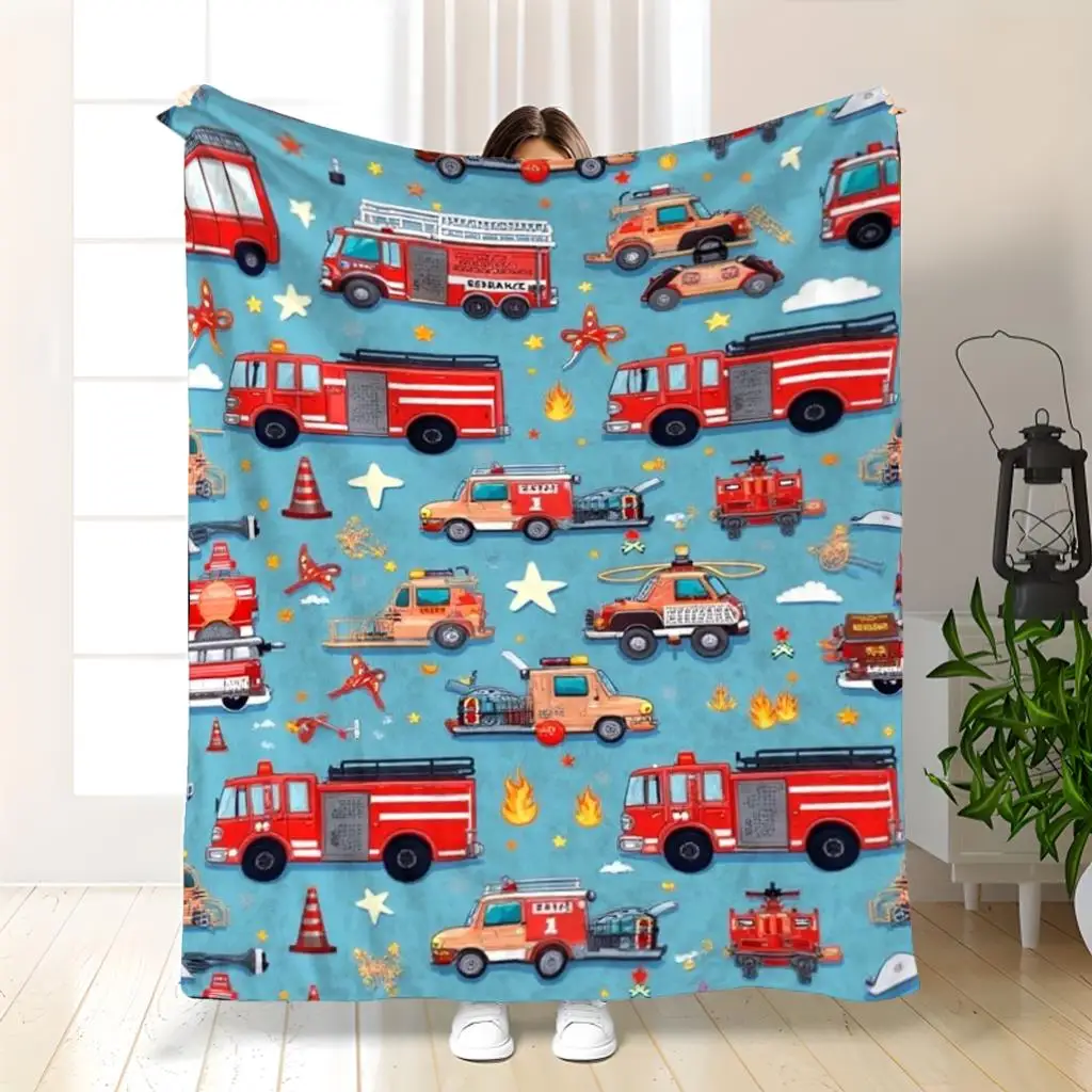 Cute Fire Truck Kids Blanket Throw 150x200cm Cartoon Emergency Vehicle Nursery Decor Playful Gift for Boys