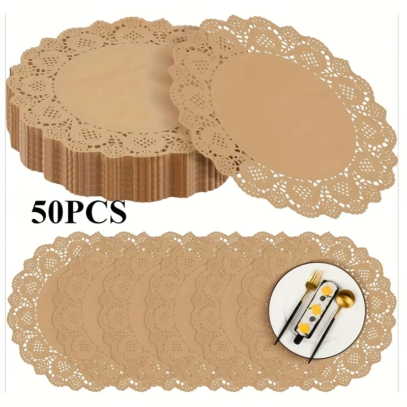 50 Disposable Brown Cow Print Paper Placemats - 13.5inch Scalloped Edge Lace Floral Pattern,  Suitable for Reception  Sets