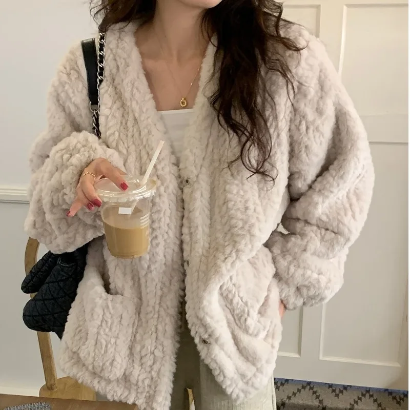 Korean Sle V-Neck Fluffy Pocket Short Coat Casual Comfortable Warm Outerwear Commute Loose Fit Regular Sleeve Long Coat