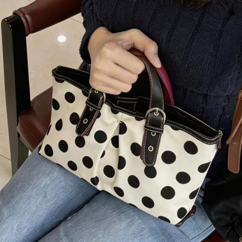 Japanese Sweet Polka Dot Tote Bag New Trendy Versatile Shoulder Bag Large Capacity Boston Bags Korean Casual Commuter Handbag