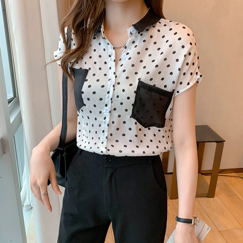 2024 Summer New Polka Dot Shirt Women's Short Sleeve Thin Blouse Top