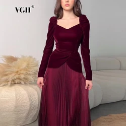 VGH Elegant Solid Velve Dresses for Women Square Collar Long Sleeve Tunic Spliced Pleated Mesh Temperament Vintage Skirt Female