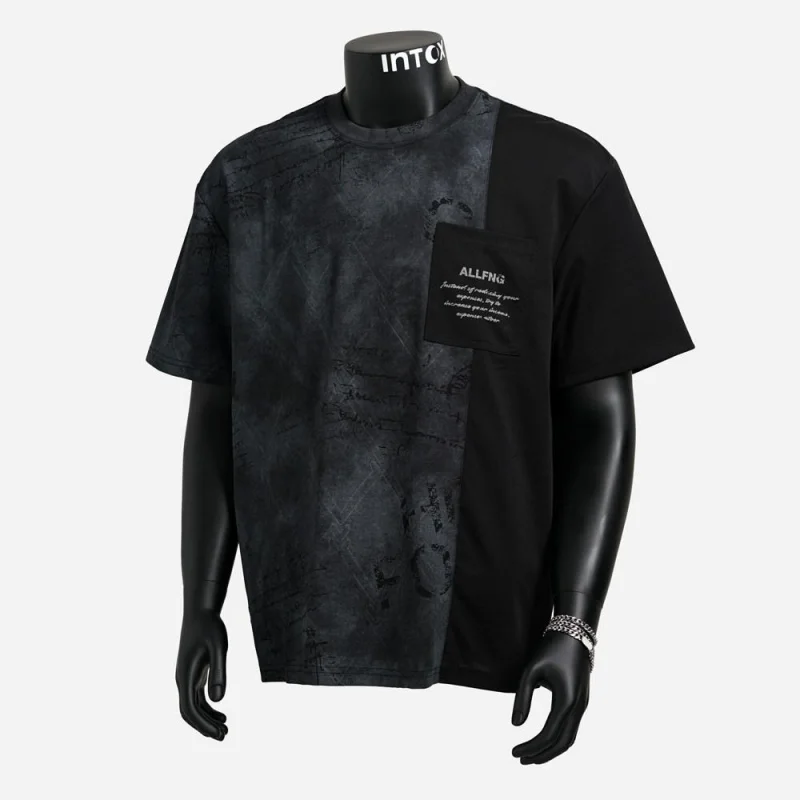 Men's T-Shirt with Korean Delicate Pattern, Patchwork Design, Loose Round Neck, with Pockets, for Summer, Casual Daily Style