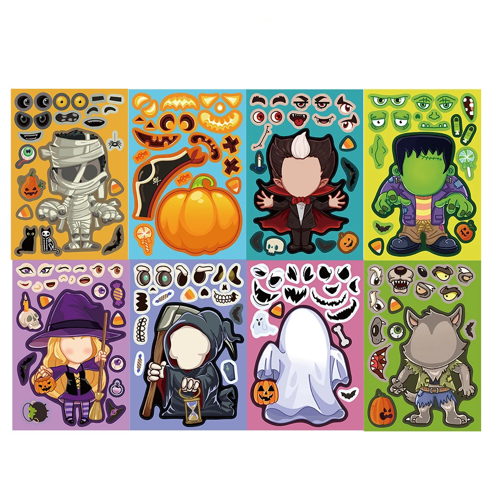 8/16sheets Make a Face Ghost Halloween Stickers DIY Kawaii Witch Sticker Sticker Decorative Window Skateboard Cartoon Toy Decals