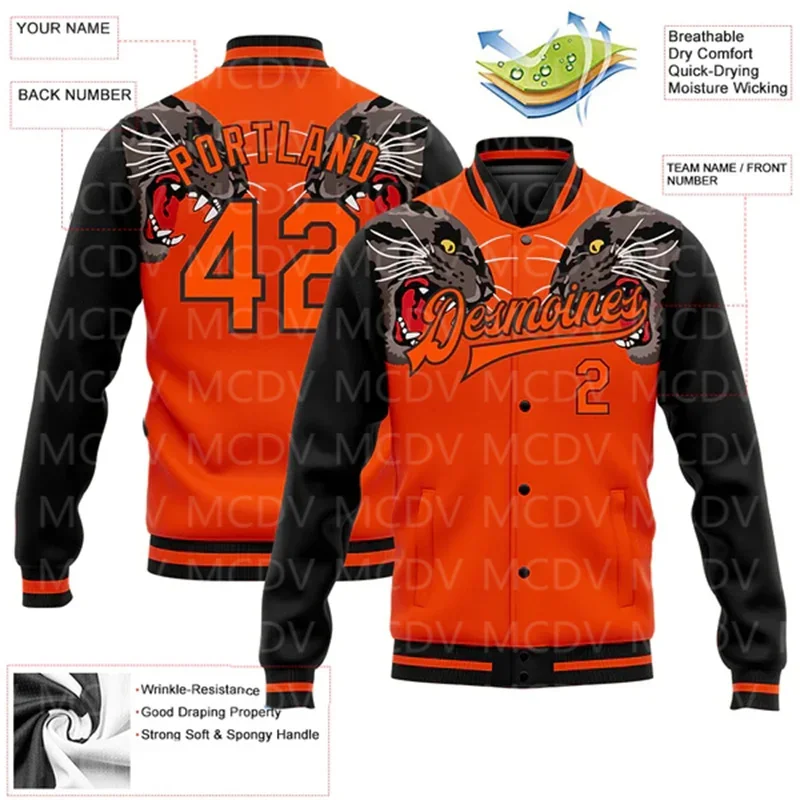 Custom Orange Black Leopard 3D Pattern Design Bomber Full-Snap Varsity Letterman Jacket