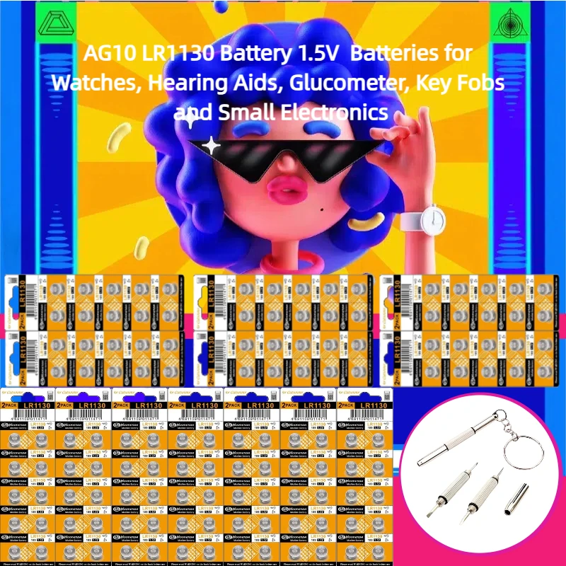

AG10 LR1130 Battery 1.5V Batteries for Watches, Hearing Aids Glucometer Key Fobs and Small Electronics