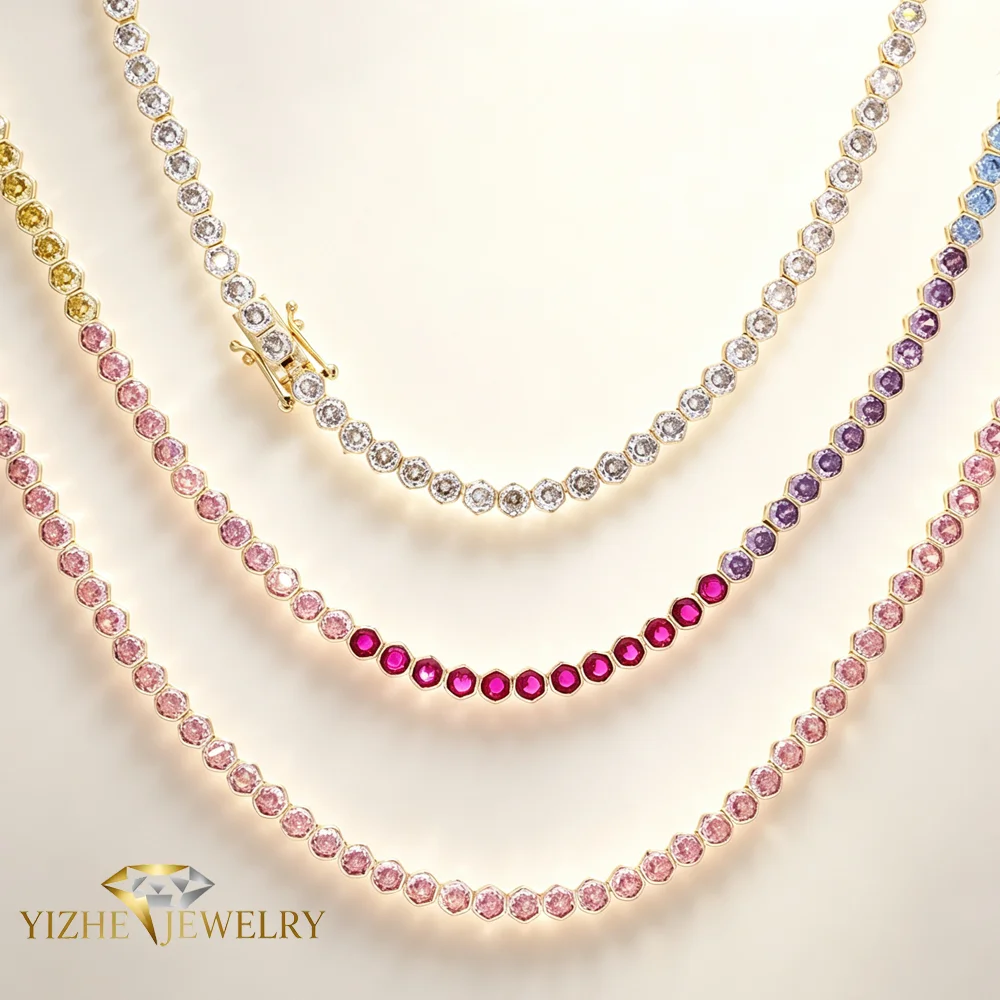 Fashion Multicolour CZ Geometric Tennis Chain Necklace Paved Bling Cubic Zirconia For Women Wedding Party Luxury Jewelry