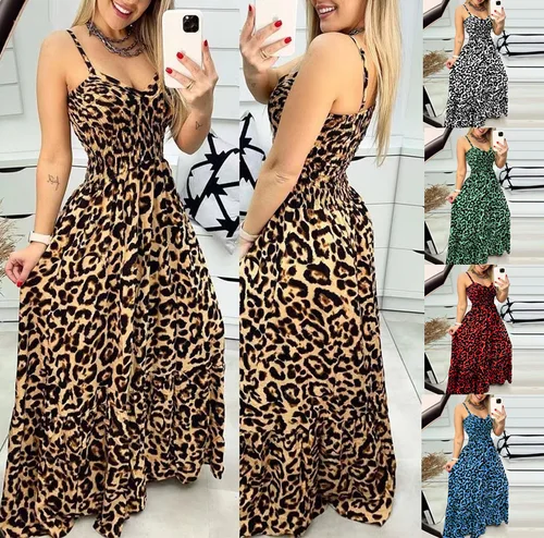 Imagen 1 del producto Novedad de verano, camisola con estampado de leopardo, vestido con cuello en V, falda de cintura alta, falda larga sexy con temperamento, ropa de mujer de talla grande