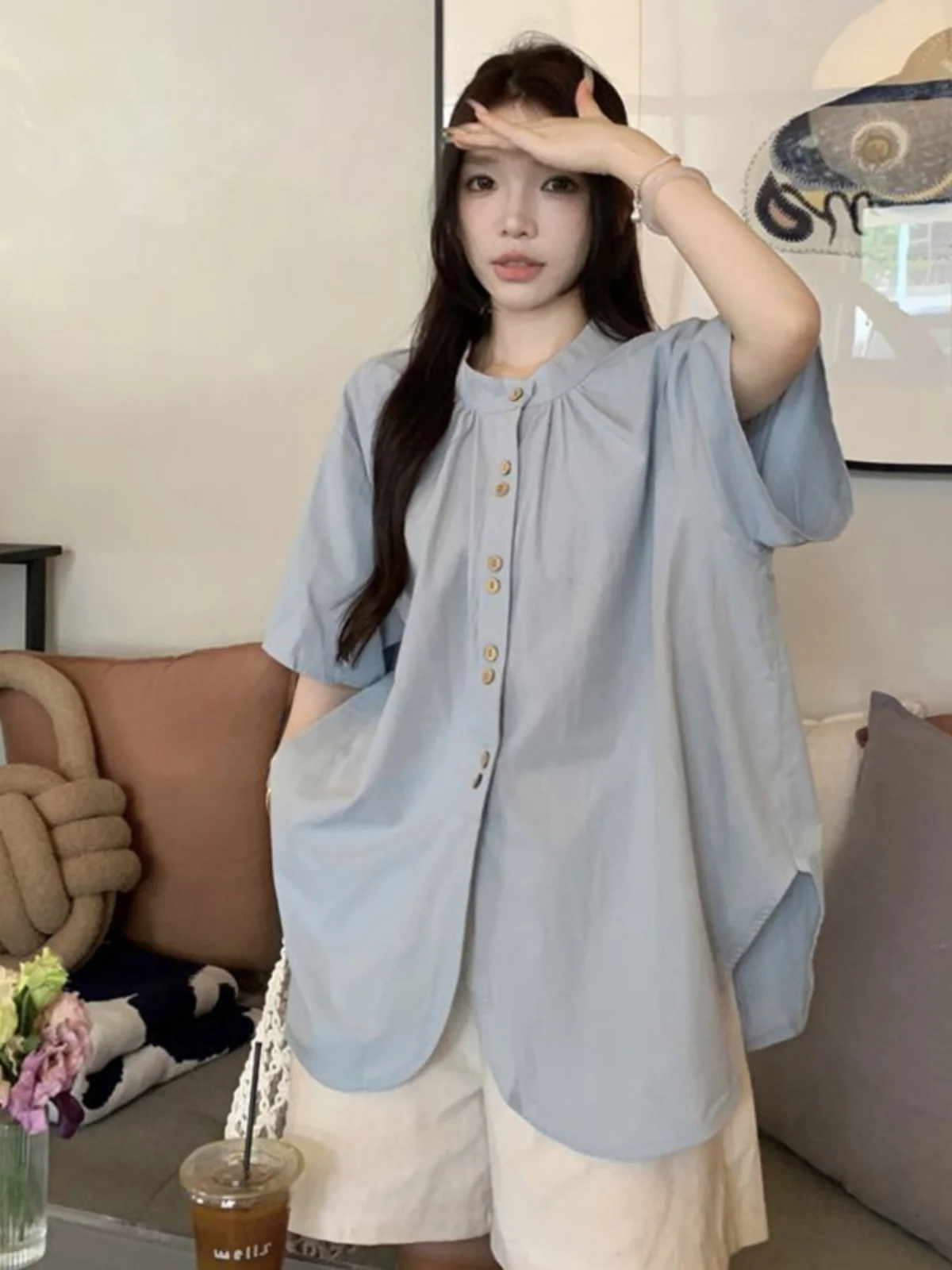 

Women's Gentle Fashionable round Neck Short Sleeve Shirt Loose Top Spring 2025 Casual Versatile Japanese Style Blouse