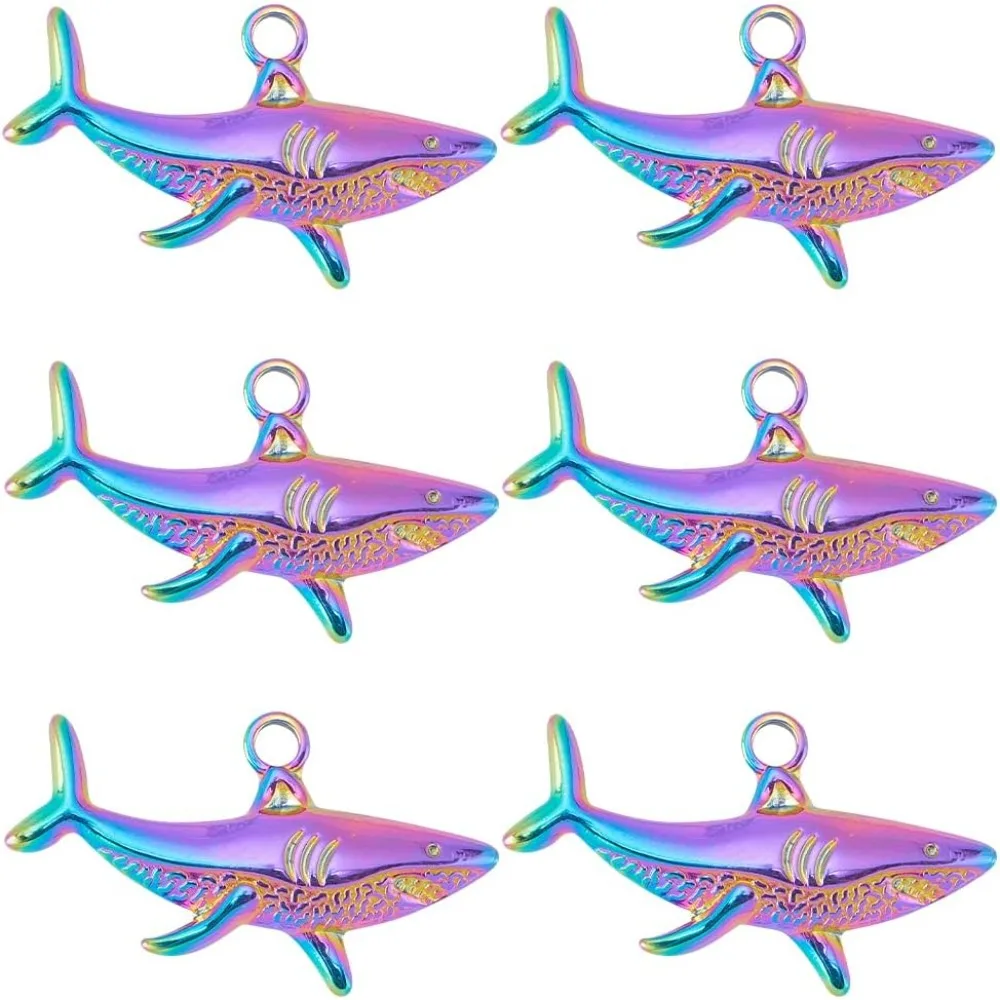 

1 Box 10Pcs Shark Charms Sea Animal Charms Bulk Mini Cute Rack Plating Rainbow Sharks Ocean Animals Stainless Steel Summer Charm