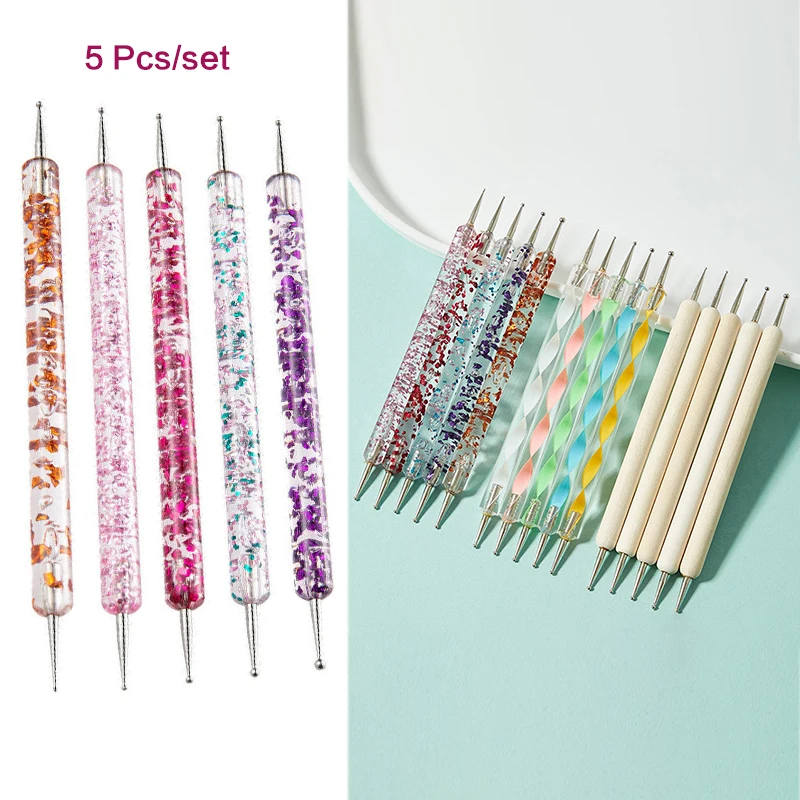 5 Pcs/set Nail Art Dotting Pen Crystal Beads Handle Dual-ended Drawing Painting Rhinestones Manicure Tools