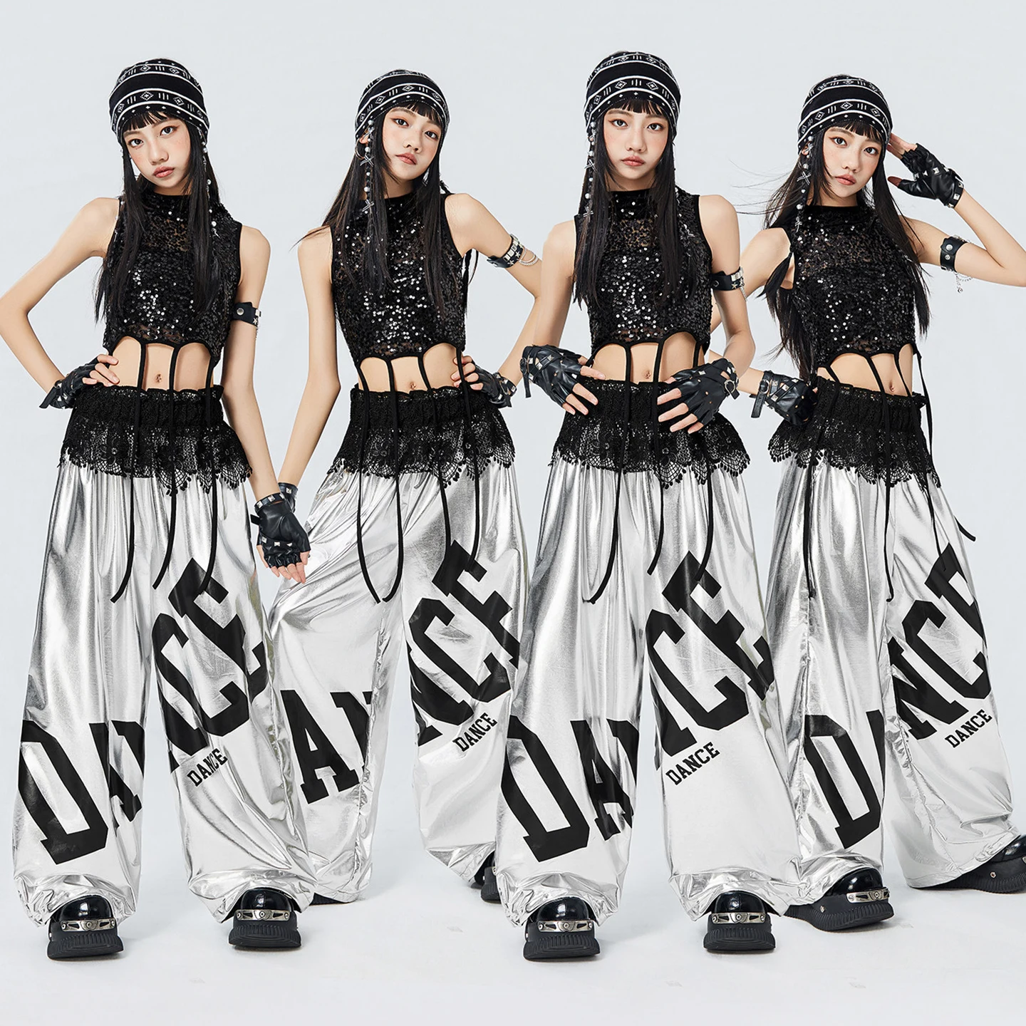 Hip Hop Jazz Dance Costume K-pop Outfit Girls Black Sequin Crop Top Silver Pants Kid Model Runway Show Fashion Clothes VDL5732