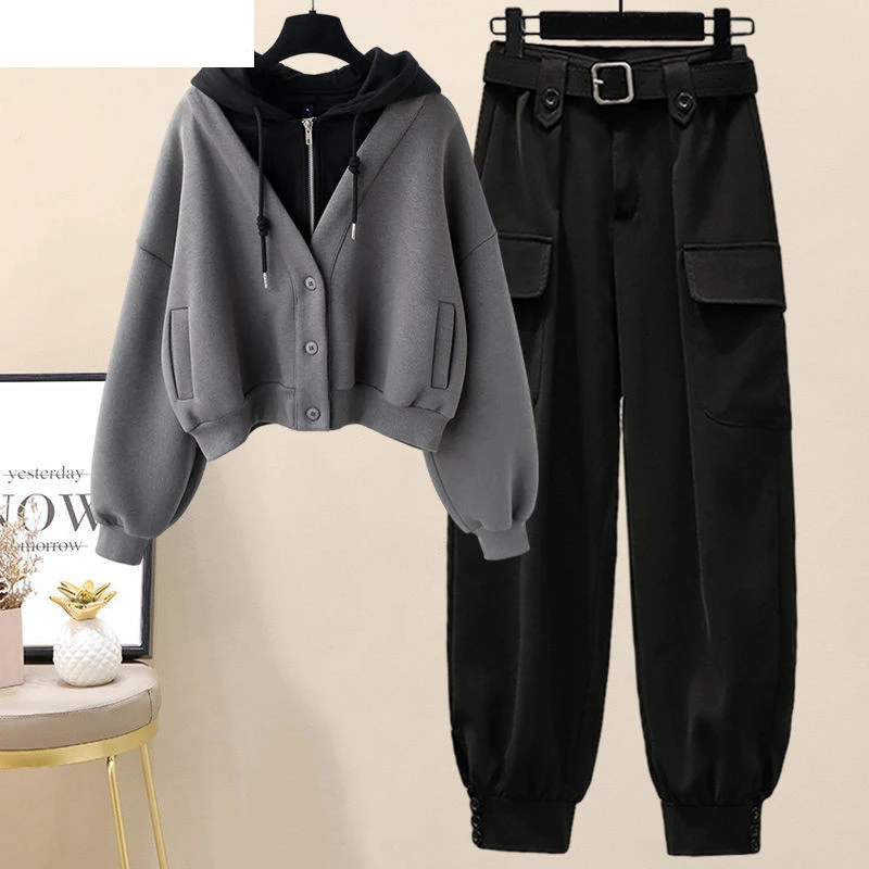 

Новинка зимняя искусственная плюшевая утолщенная однобортная толстовка с капюшоном Туника Свободная рабочая одежда элегантные женские брюки комплект модная одежда N494