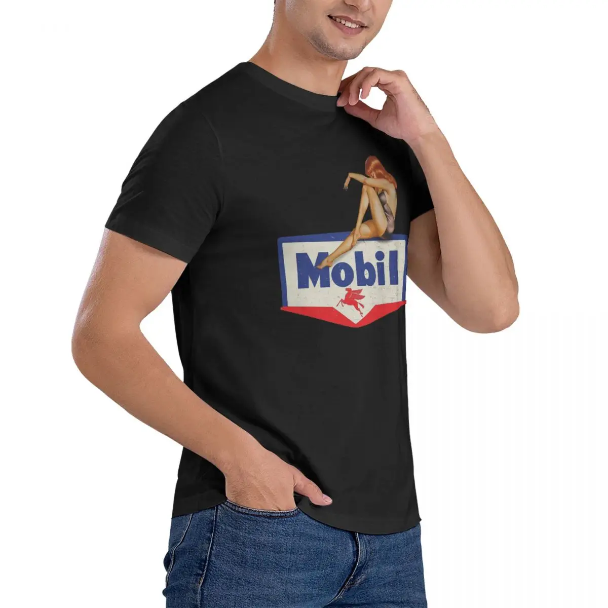 Pin Up T-Shirt Men Mobil Oil Vintage 100% Cotton Tee Shirt Round Neck Short Sleeve T Shirt Gift Idea Tops