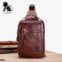 Cowhide Men‘’s Chest Bag Retro Wax Genuineleather Casual Chest Bag Large Capacity Vertical Shoulder Crossbody Bag