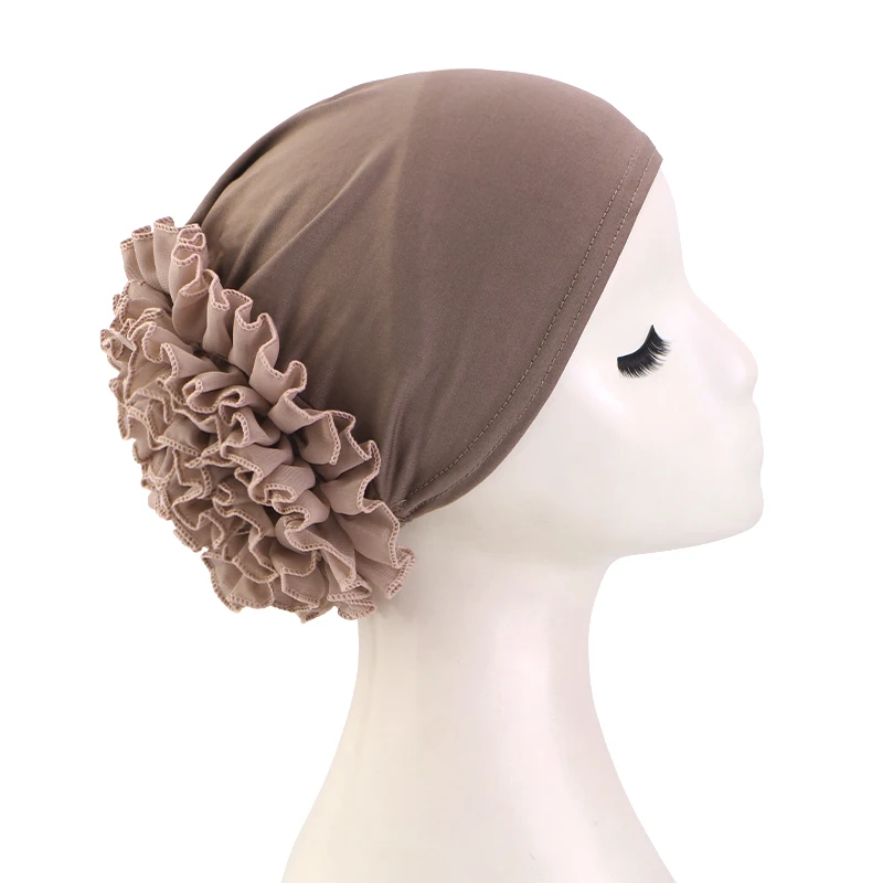 Neuer atmungsaktiver Chiffon-Hut mit großen Blumen, einfarbig, dünne Bodenkappe, islamischer Kopfwickel, elastischer Anti-Haarausfall-Hut für Damen – Detail 10